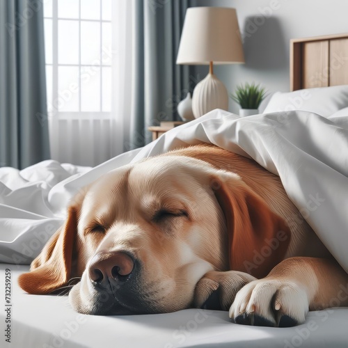 A dog sleeping in a white bed at home