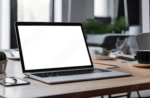 white screen desktop computer in minimal office room with decorations and copy space