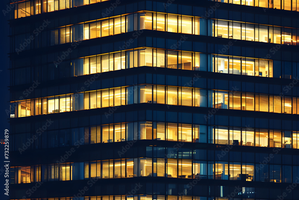 Obraz premium window of the multi-storey building of glass and steel lighting and people within timelapse