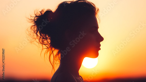 Captivating silhouette of a woman during the golden hour, showcasing the soft natural lighting and emphasizing her contours