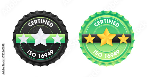 ISO 16949 standard certificate badge. Quality control. International Organization for Standardization. Vector illustration