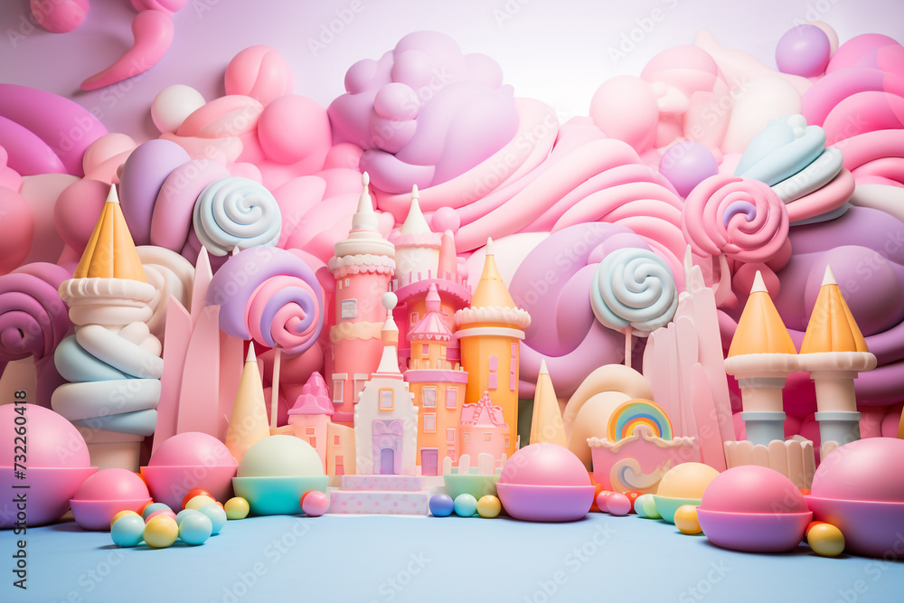 Food, holidays concept. Festive colorful background with copy space made of various shapes of sweets. Pastel colored