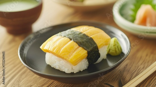 Close up portrait of japanese food tamago nigiri sushi on white plate.