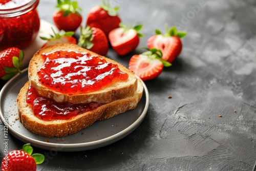 Close-up of toast with homemade strawberry jam on table, copy space.