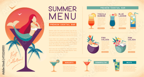 Retro summer restaurant cocktail menu design with mermaid in cocktail glass. Vector illustration