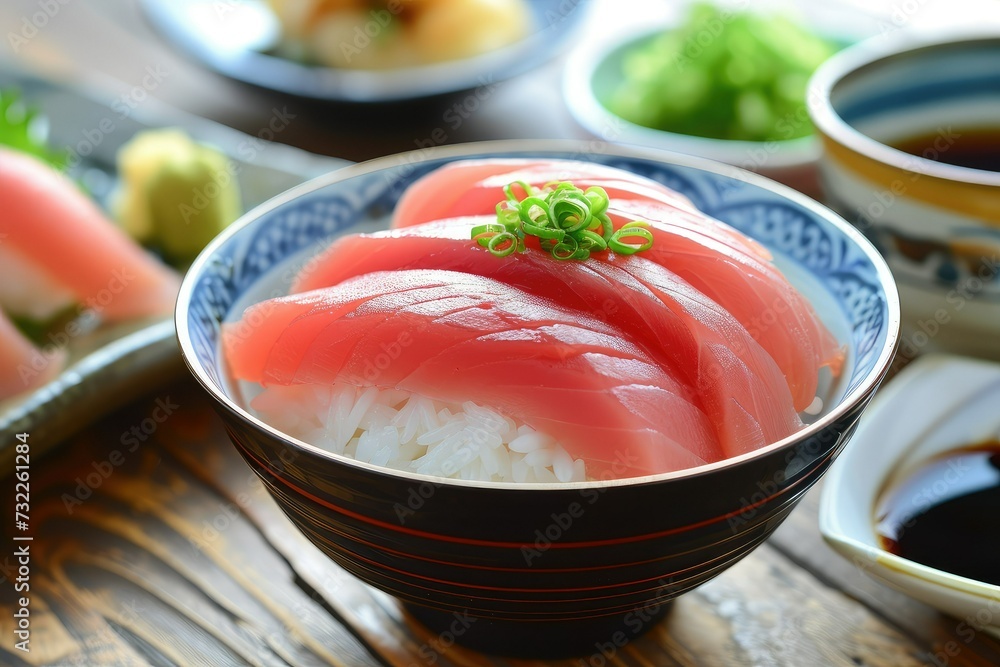 Maguro nigiri sushi or tuna nigirizushi with toppings of fresh fish. Nigiri sushi with rice and tuna. Maguro nigiri sushi or tuna nigirizushi with toppings of fresh fish. Nigiri sushi with rice and tuna.