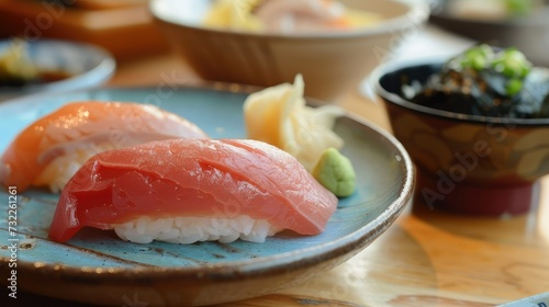 Maguro nigiri sushi or tuna nigirizushi with toppings of fresh fish. Nigiri sushi with rice and tuna.