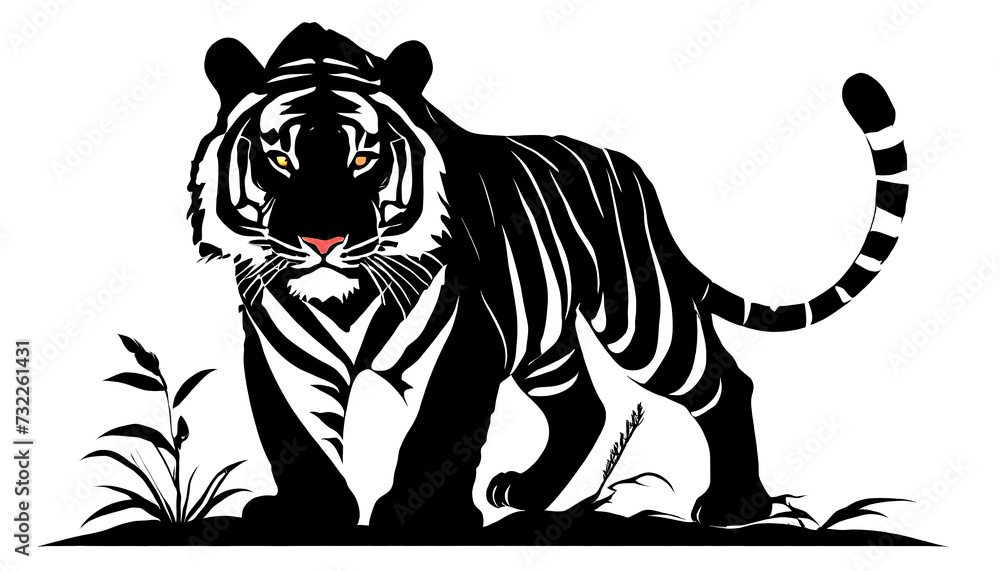 Fototapeta premium Silhouette of tiger isolated in a white background, vector look. Generative Ai.