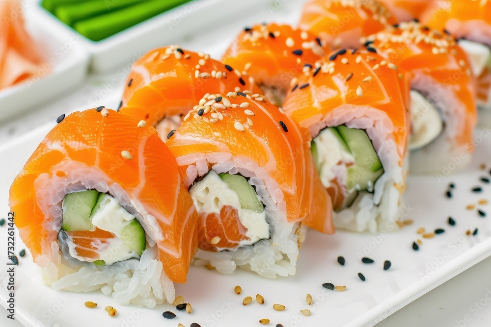 Philadephia Roll with Smoked Salmon, Philadelphia cream cheese, Cucumber Sticks, Sheets of nori seaweed, Sushi Rice, Sesame Seeds, Soy Sauce and Wasabi.