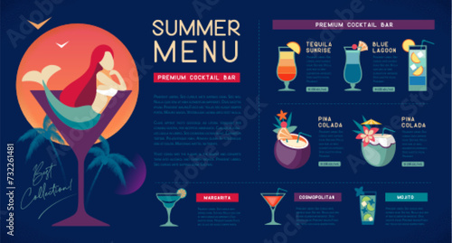Retro summer restaurant cocktail menu design with mermaid in cocktail glass. Vector illustration