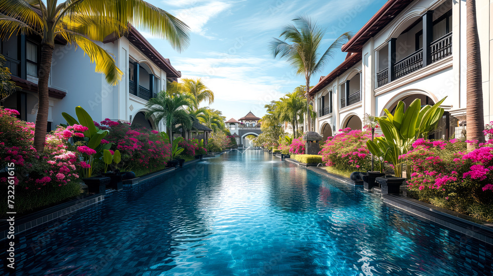 The luxurious ambiance of a tropical resort with a focused photograph, showcasing elegant architecture, vibrant flowers, and inviting pools against a bright and inviting bright background