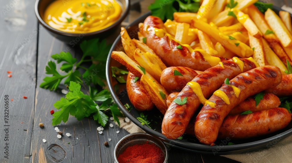 Pork sausage platter on wooden background with copy space. Pork sausage platter on wooden background with copy space.