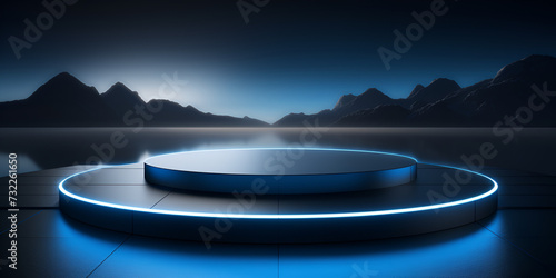  geometrical abstract podium floor,Empty podium with line gradient neon ring,Black blue circle,