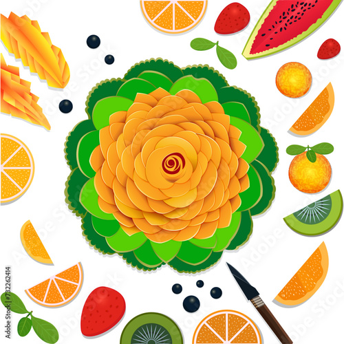 Colorful pattern made of citrus fruits, leaves and strawberries citrus food - assorted citrus fruits with mint leaves kiwi fruit, strawberry, grape and red apple isolated on white background	