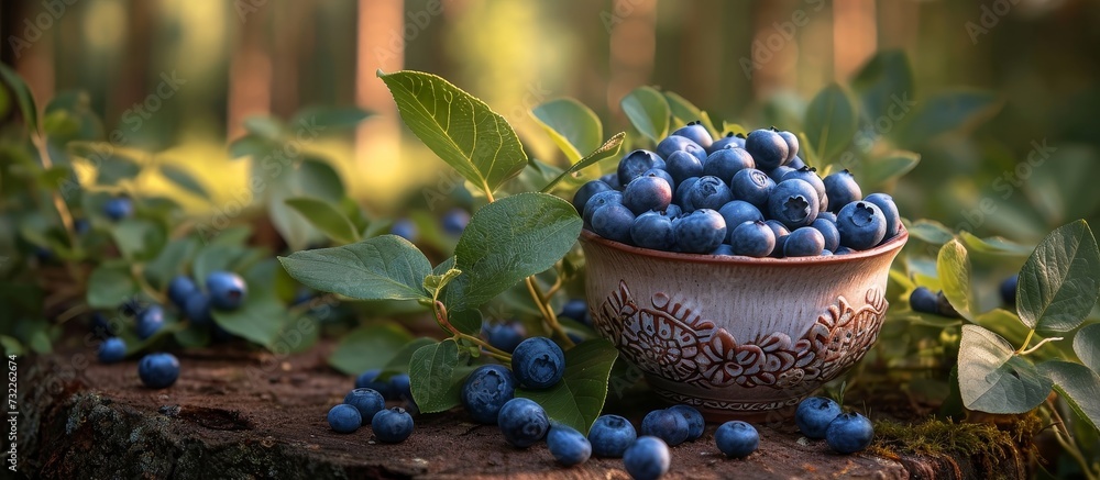 A bowl of blueberries, a delicious fruit, rests on a tree stump amidst the natural surroundings of grass and plants. A bowl of blueberries, a delicious fruit, rests on a tree stump amidst the natural surroundings of grass and plants.