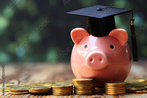 Piggy bank with graduation cap on the table