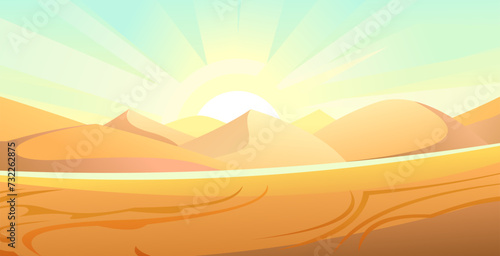 Burning sun. Desert sand dunes. Scenery Landscape. Isolated on a white background. Fun cartoon style. Vector