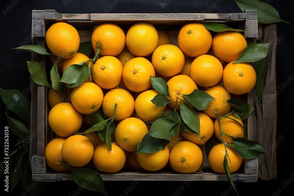 orange fruit in a wooden box on a black background