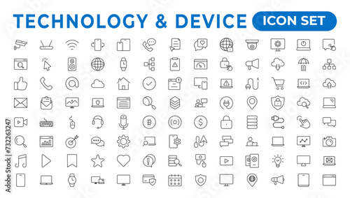 Devices and Electronics related line icons.Computers mobile phones vector linear icon set.Device Icons,smartphone, tablet, laptop desktop computer. Vector illustration, flat design.Outline icon.