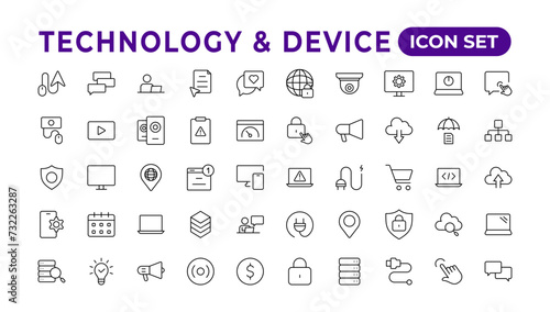 Devices and Electronics related line icons.Computers mobile phones vector linear icon set.Device Icons,smartphone, tablet, laptop desktop computer. Vector illustration, flat design.Outline icon.