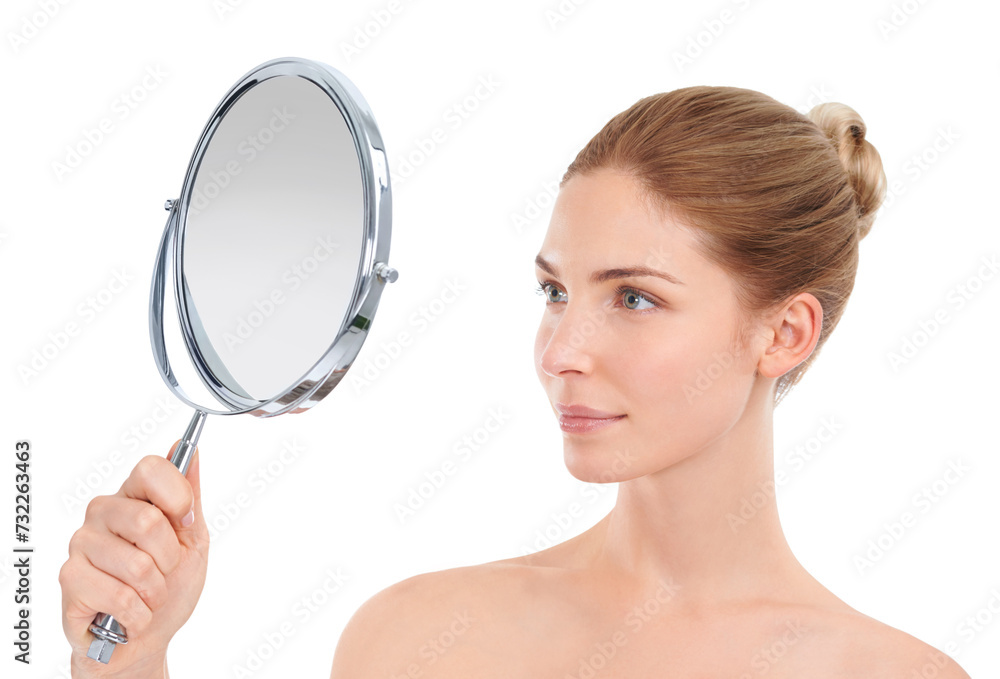 Woman, mirror and skincare with check in studio for glow, cosmetics or healthy by white background. Girl, person or model with facial skin, beauty or results with reflection, dermatology or aesthetic Woman, mirror and skincare with check in studio for glow, cosmetics or healthy by white background. Girl, person or model with facial skin, beauty or results with reflection, dermatology or aesthetic