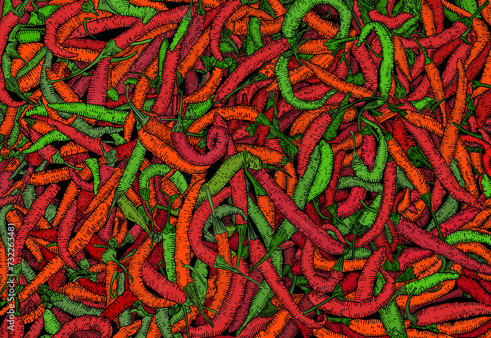 Hand-Drawn Color Chilis as Background or Wallpaper Element