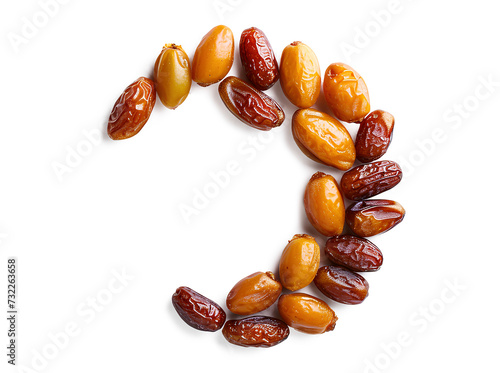 Ramadan Kareem with dates fruits in the shape of a moon isolated on a white background photo