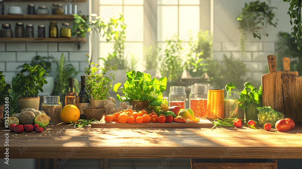 Nutritious Bounty: Vibrant Display of Fresh Foods Arranged on Sunlit Kitchen Table