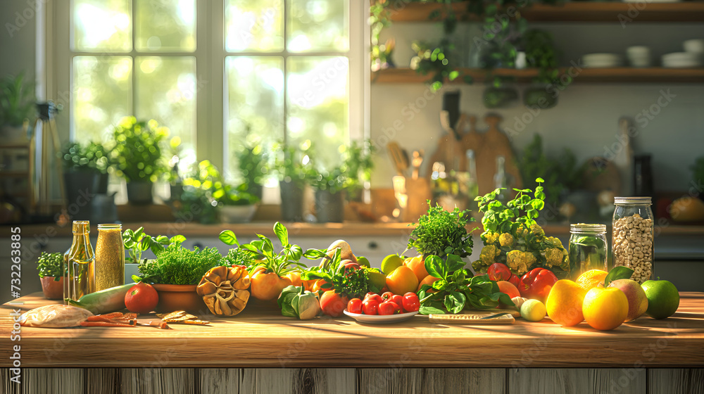 Bountiful Harvest: Fresh Fruits, Vegetables, and Grains Arranged on Sunlit Kitchen Table