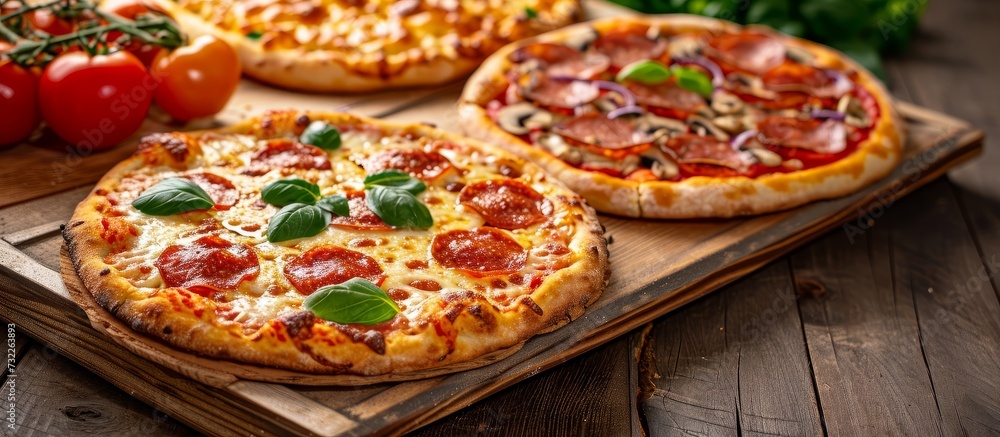 Three pizzas, each topped with California-style pizza cheese, are placed on a wooden cutting board, enticingly waiting to be enjoyed as a delightful staple food. Three pizzas, each topped with California-style pizza cheese, are placed on a wooden cutting board, enticingly waiting to be enjoyed as a delightful staple food.