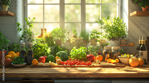 Farm-to-Table Delight: Vibrant Assortment of Fresh Foods in Sunlit Kitchen Setting