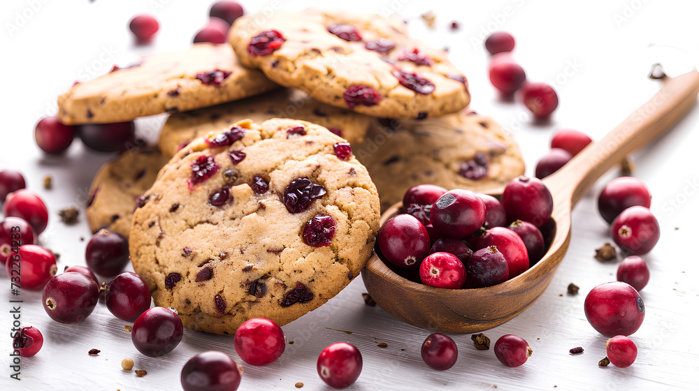 Tasty cranberry cookies accompanied by a rustic spoon filled with fresh berries isolated on a white background Tasty cranberry cookies accompanied by a rustic spoon filled with fresh berries isolated on a white background