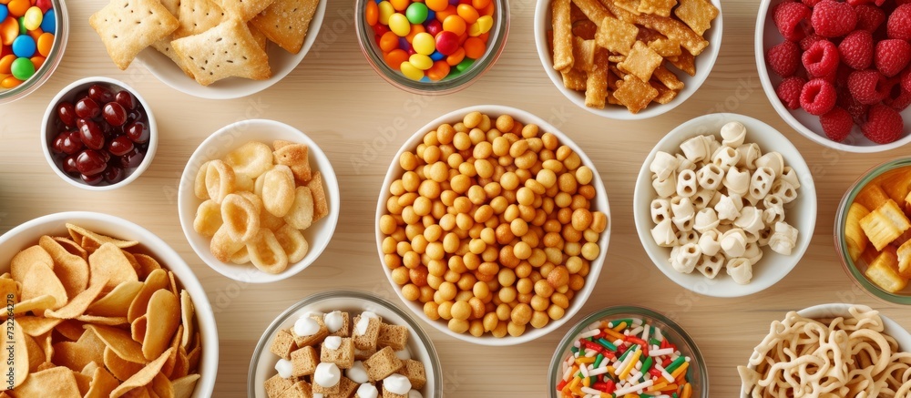 The table is adorned with various snacks in bowls, ranging from delectable desserts to superfoods, showcasing a variety of cuisines and ingredients. The table is adorned with various snacks in bowls, ranging from delectable desserts to superfoods, showcasing a variety of cuisines and ingredients.