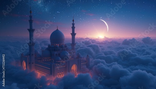Ramadan Kareem Eid Concept, Mosque Above the Clouds at Night, Illuminated by Moonlight and Starlight
