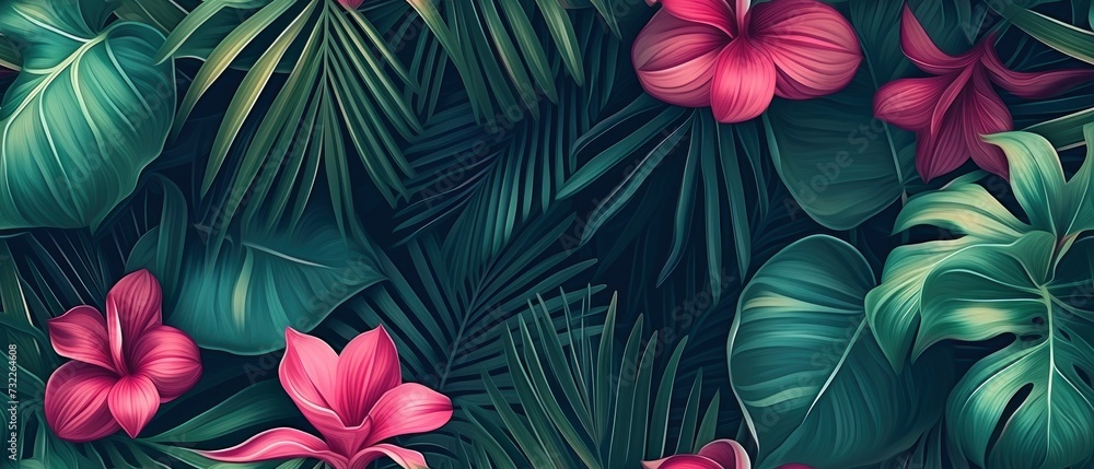 Tropical Floral Seamless Pattern Background, Exotic Flowers, Palm Leaves, Jungle Leaf, Botanical Wallpaper