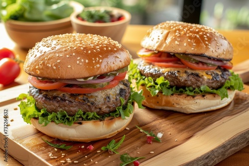 Two Hamburgers with Side Dishes Served on a Wooden Counter