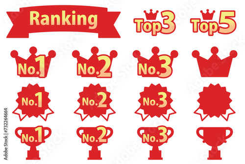 王冠などのランキング3位までのアイコンセット_赤と金色