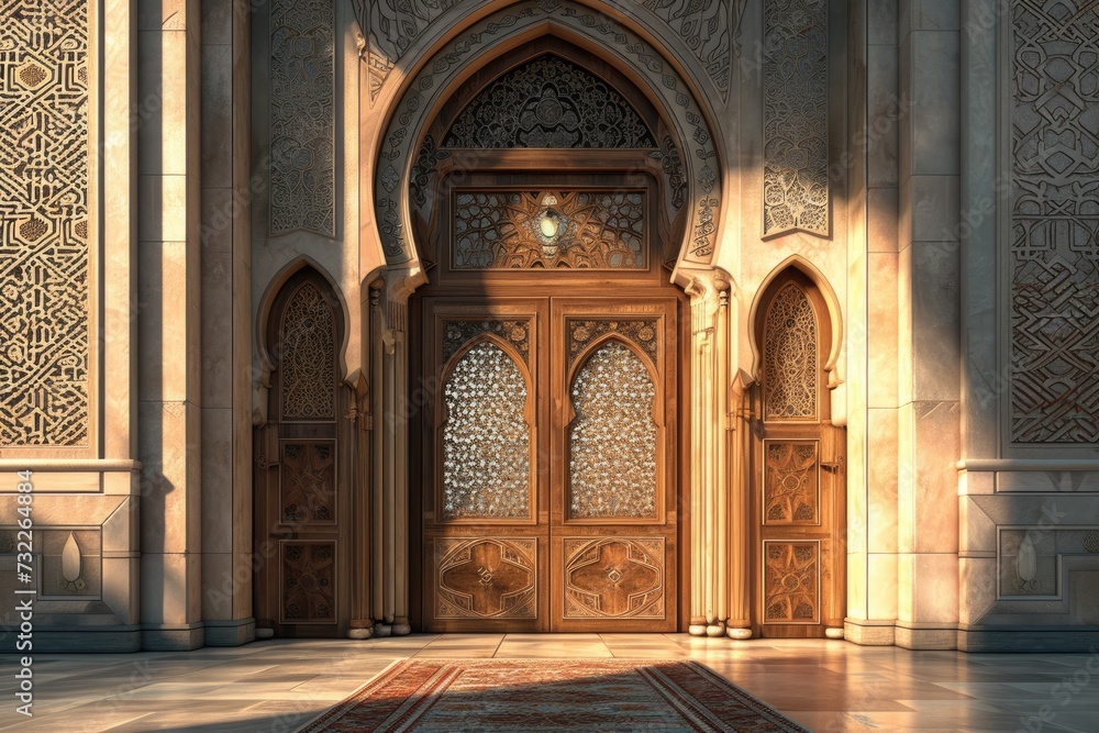Illustration of a beautiful mosque entrance. The mosque is decorated with Islamic patterns.