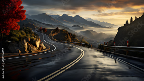 Winding curvy rural road with light trail from headlights leading through British countryside.