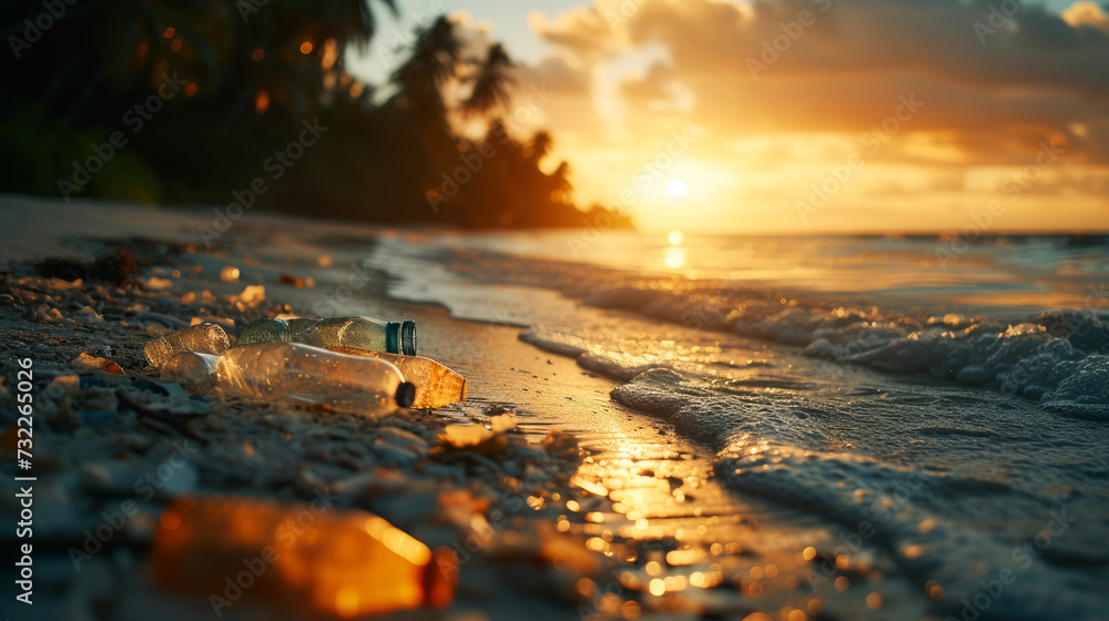 Plastic Pollution on Beach at Sunrise, The first light of day shines on a beach littered with plastic, a stark reminder of the environmental impact of waste.