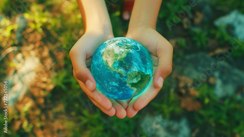Sustainable Living - Holding a Miniature Earth, Open hands cradle a small, vibrant representation of Earth, emphasizing the importance of sustainability and care for our planet.