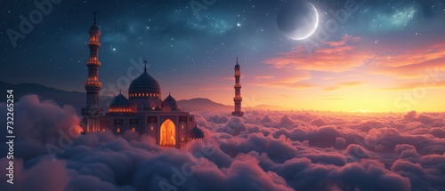 Ramadan Kareem Eid Concept, Mosque Above the Clouds at Night, Illuminated by Moonlight and Starlight