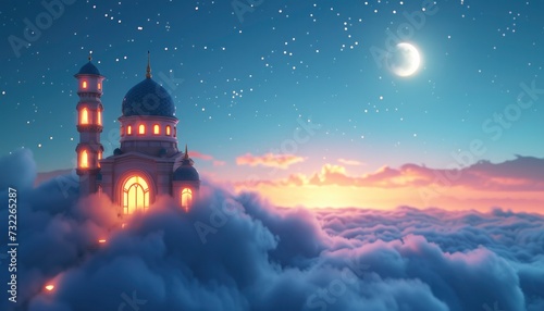 3D Scene Small Mosque Above the Clouds at Night with Ramadan Kareem Background