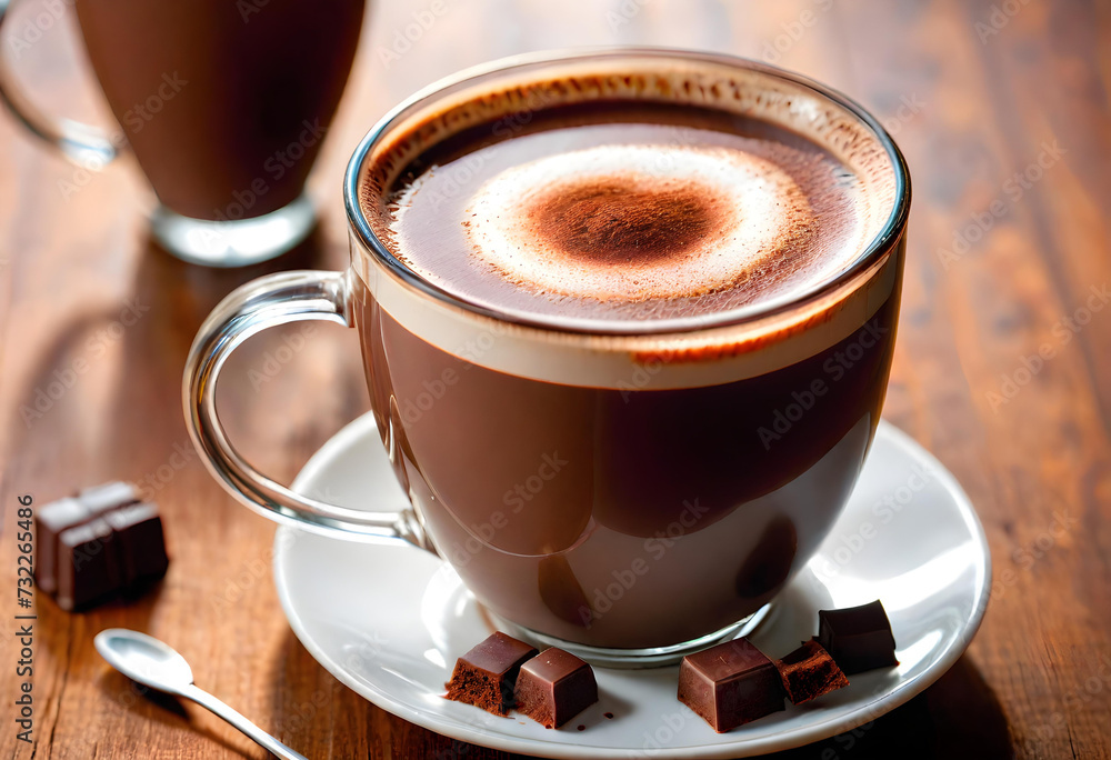 Obraz premium Hot Chocolate. Glass. Table. Drink. Beverage. Warm. Cocoa. Comfort. Winter. Delicious. Indulgence. Cozy. Relaxation. Sweet. Dessert. AI Generated.