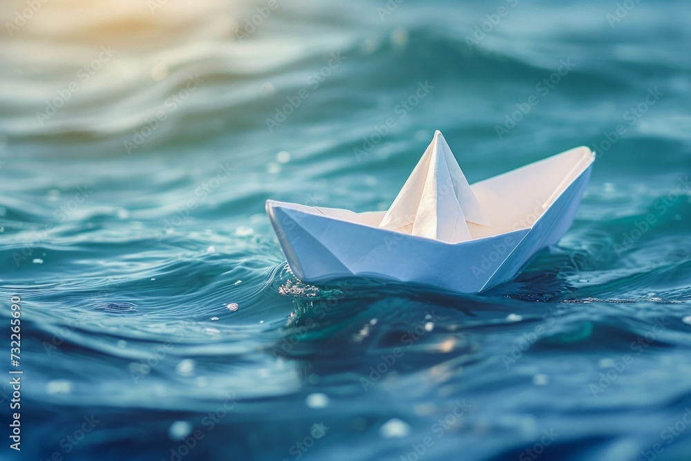 Paper boat navigating the ocean, crafted in the style of origami and digital art, symbolizing leadership Paper boat navigating the ocean, crafted in the style of origami and digital art, symbolizing leadership