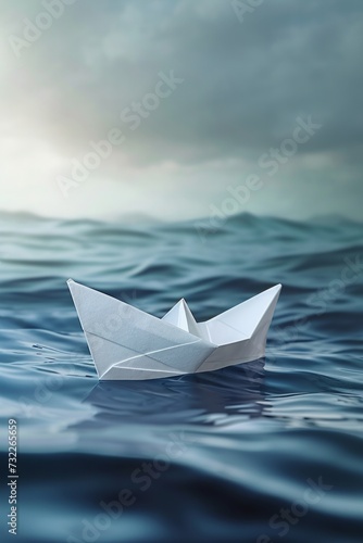 Paper boat navigating the ocean, crafted in the style of origami and digital art, symbolizing leadership