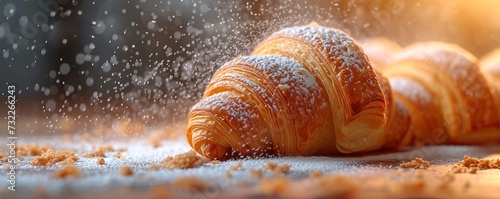 Close up of freshly backed French croissant, with sugar powder. Close up, space for text.  photo