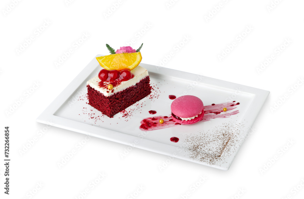Red velvet cake on plate on white background Red velvet cake on plate on white background
