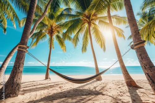 A hammock is stretched between palm trees against the backdrop of a beautiful golden sunny beach and blue ocean. AI generative