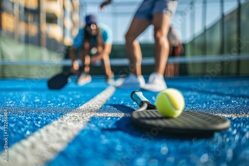 A couple engaged in a paddle tennis match on the court with a ball